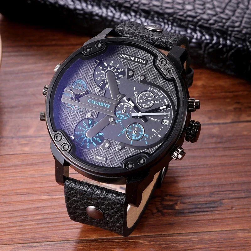 Men Luxury Watch Cool Big Case Quartz Watch for Men 2 Time Zones Watches Leather Casual Military Relogio Masculino Male Clock