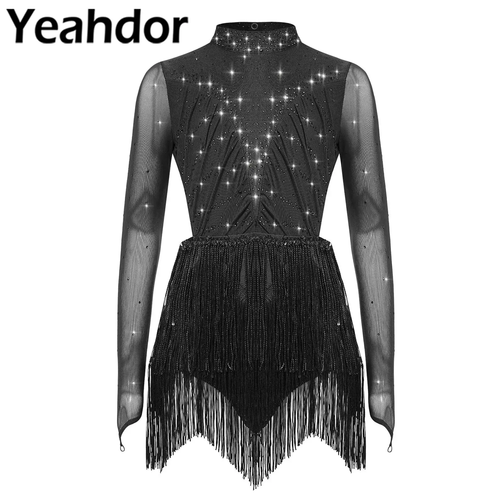 Kinder Mädchen Latin Jazz Dance Trikot Kleid Pailletten Quasten Langarm Rückenfrei Strass Body Bühnenkostüm