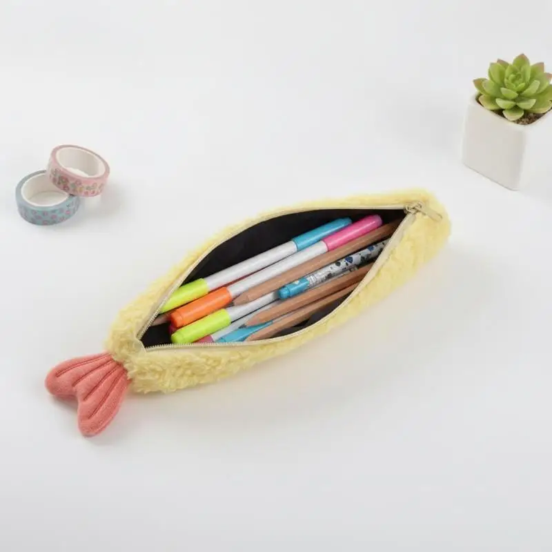 Portable Shrimp Tail Plush Pencil Pouch Cute Soft Stationery Storage Bag 1Pc for Female Students Office School Supplies