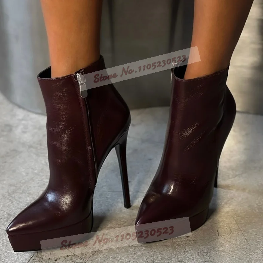 

Бордовые ботильоны телесного цвета на матовой платформе, короткие ботильоны на шпильке с острым носком, мотоциклетные ботинки на молнии, элегантная обувь