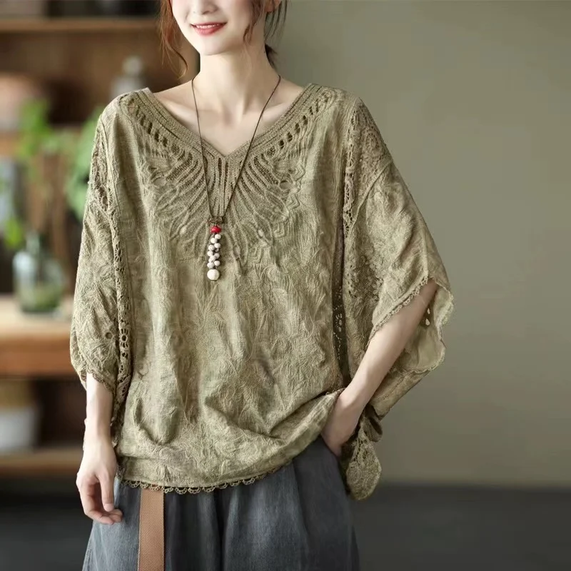 Été Faion plein coton évider chauve-souris Sve T-shirt ample femmes ort Sve couvrir haut v-ne coton T-shirt