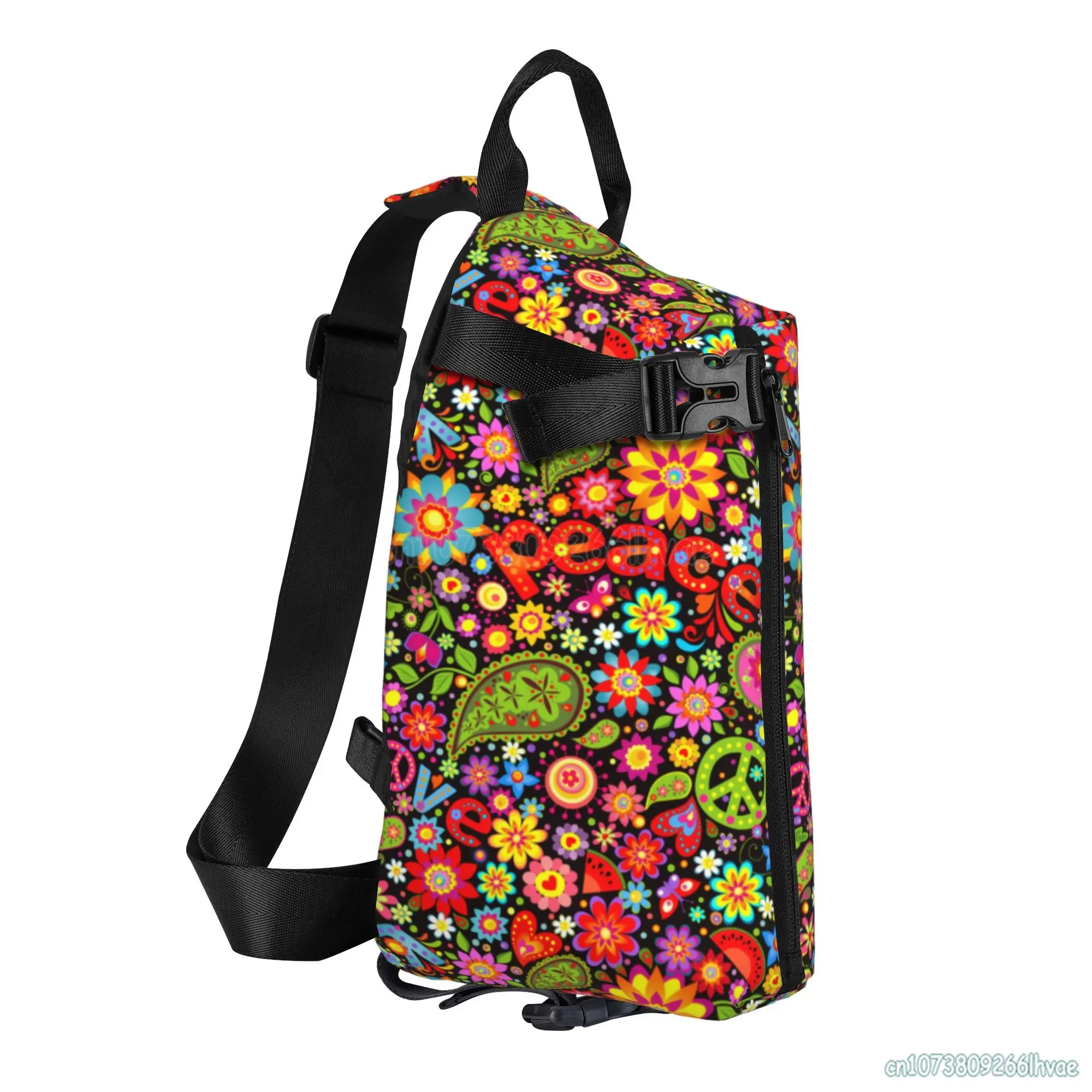 Hippie Colorful Floral Sling Backpack Unisex Crossbody Chest Bag Multipurpose One Shoulder Daypack for Outdoor Hiking Travel