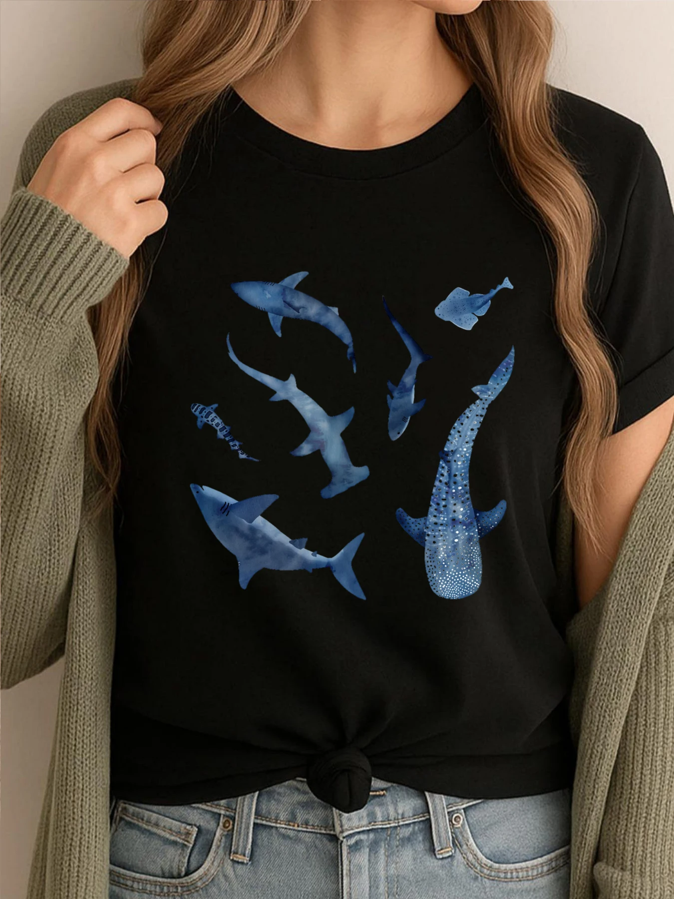 

Monochrome Blue Watercolour Shark Ocean On White Graphic T Shirts Men's T-Shirts Printed Tshirt Men Luxury Clothes