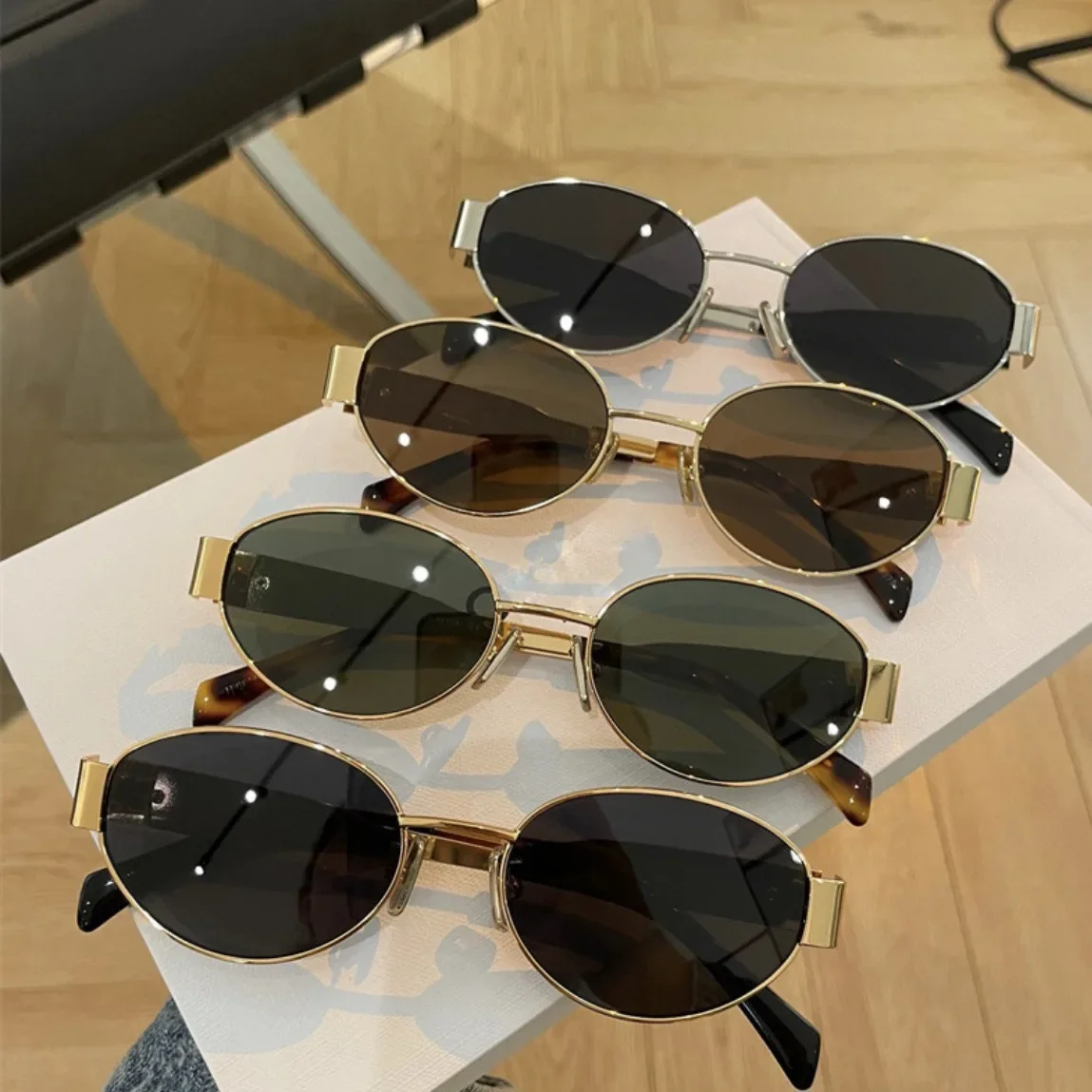 Sonnenbrille mit Metallrahmen, ovale braune Retro-Sonnenbrille, Sonnenbrille, Sonnenblenden, High-End-Gefühl