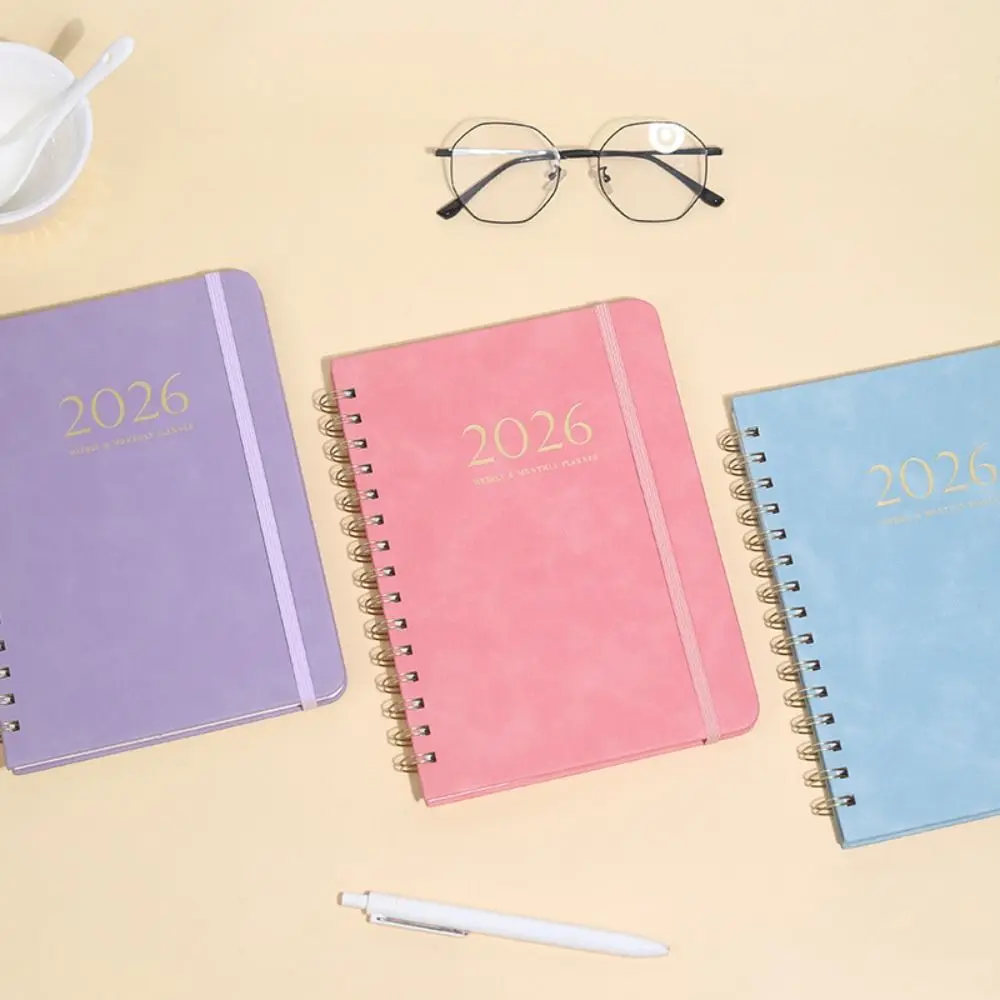 A5 2026 Weekly Monthly Planner Calendar PU Leather Cover Daily Planner Notepad Self-fill with Strap Coil Schedules Notebooks