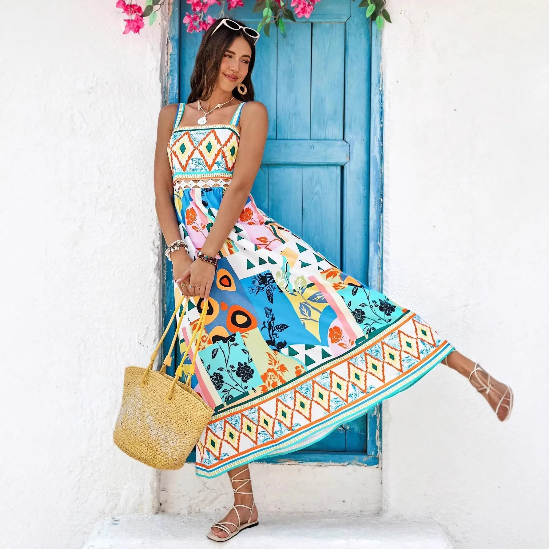 Sexy Backless Sleeveless Printed Maxi Dress Summer Bohemian Floral Long Dresses