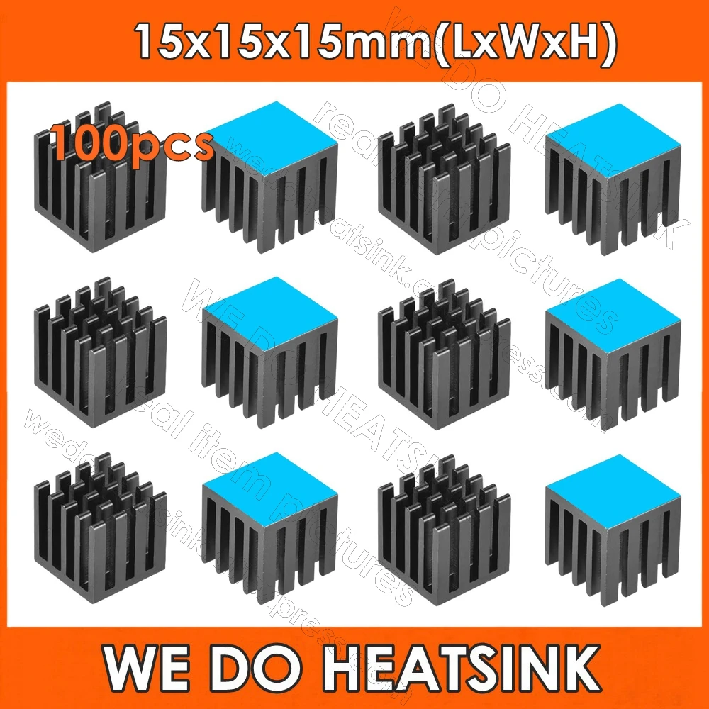 

WE DO HEATSINK 100pcs 15x15x15mm Black Slotted Aluminum Heatsink Radiator Cooler With Thermal Adhesive Tape