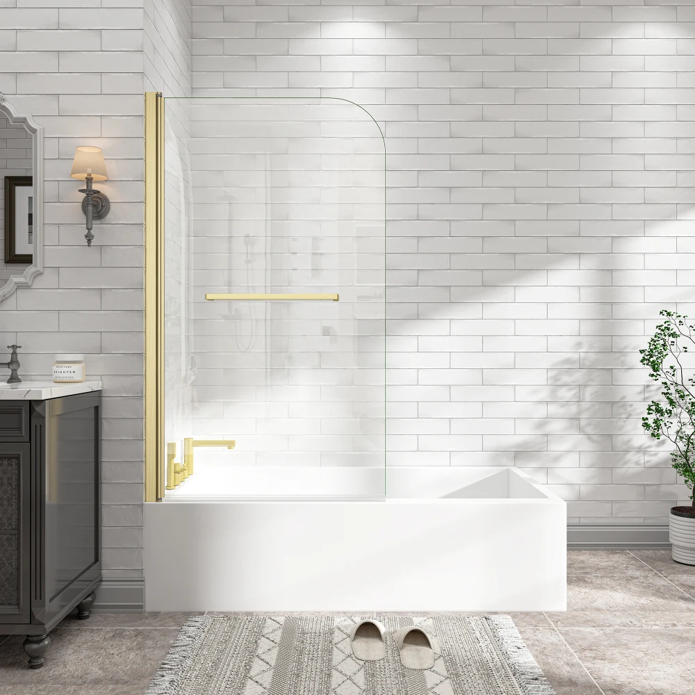 

31"-32"Ш x55"В, матовое золото, 180 ° Раздвижная душевая дверь Pivot, безрамная, для ванны, из закаленного стекла 1/4 дюйма, с нано-покрытием, защита от взрыва