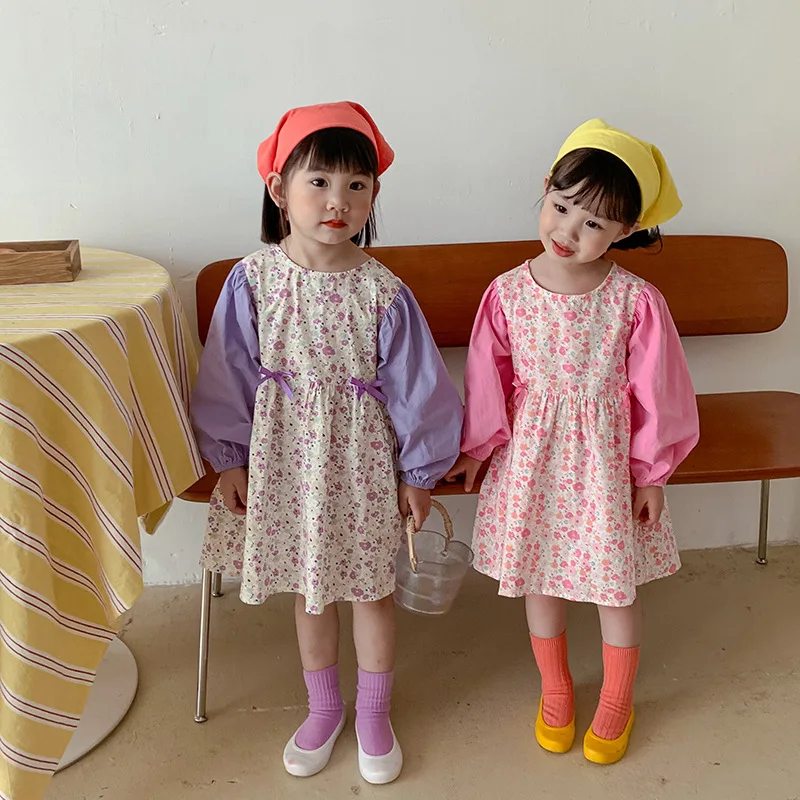 Autumn Korean Goods Children's Clothing Girls' Color Matching Floral Dress Children's Bow Long Sleeve Princess Dress Foreign Sty