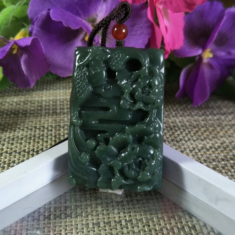 Natural Hetian Jade Hand Carving Flower Bird Jade Pendant Jewelery Lucky Exorcise Evil Spirits Auspicious Amulet Fine Jewelery