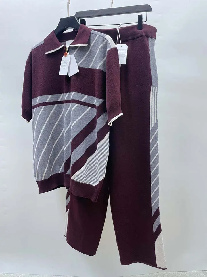 

2025 Casinoblank Paris Men Wine Red Knitted Striped Sweaters Set Pullover Oversized Men Cotton Plush Fixed Dye Yarn Sweater