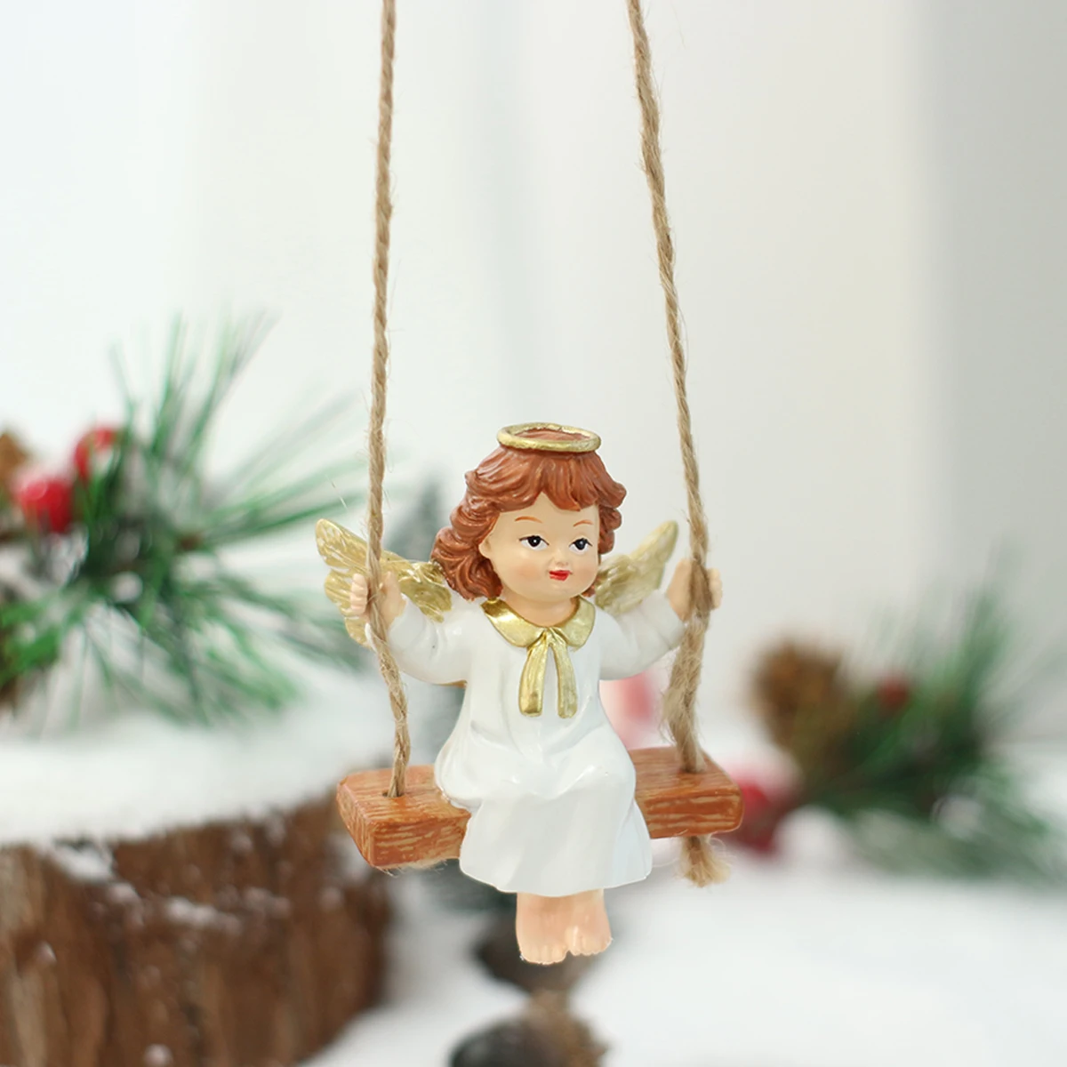 White Resin Creative Swing Angel Figurine Christmas Hanging Ornament for Christmas Tree Home Garden Holiday Party Decor Gift