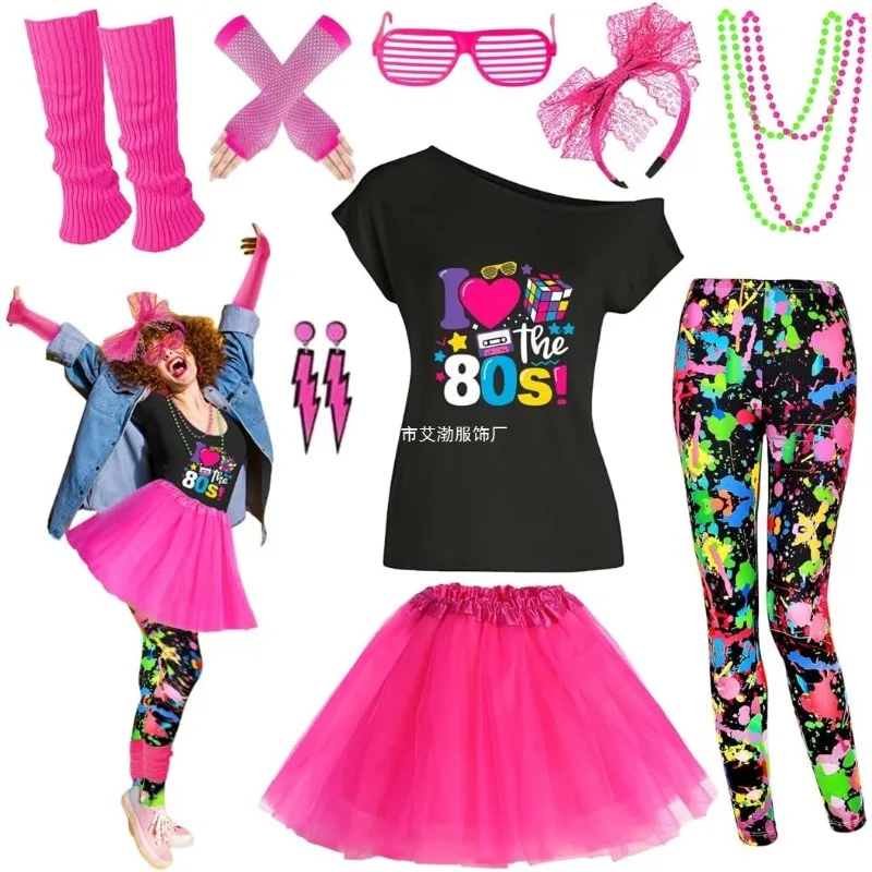 Conjunto de Accesorios de Disfraz de los 80, Camiseta Estampada, Falda Tutú, Diadema, Pendientes, Collar, Calentadores de Piernas, Conjunto de 8 Piezas para Fiesta de los 80 para Adultos