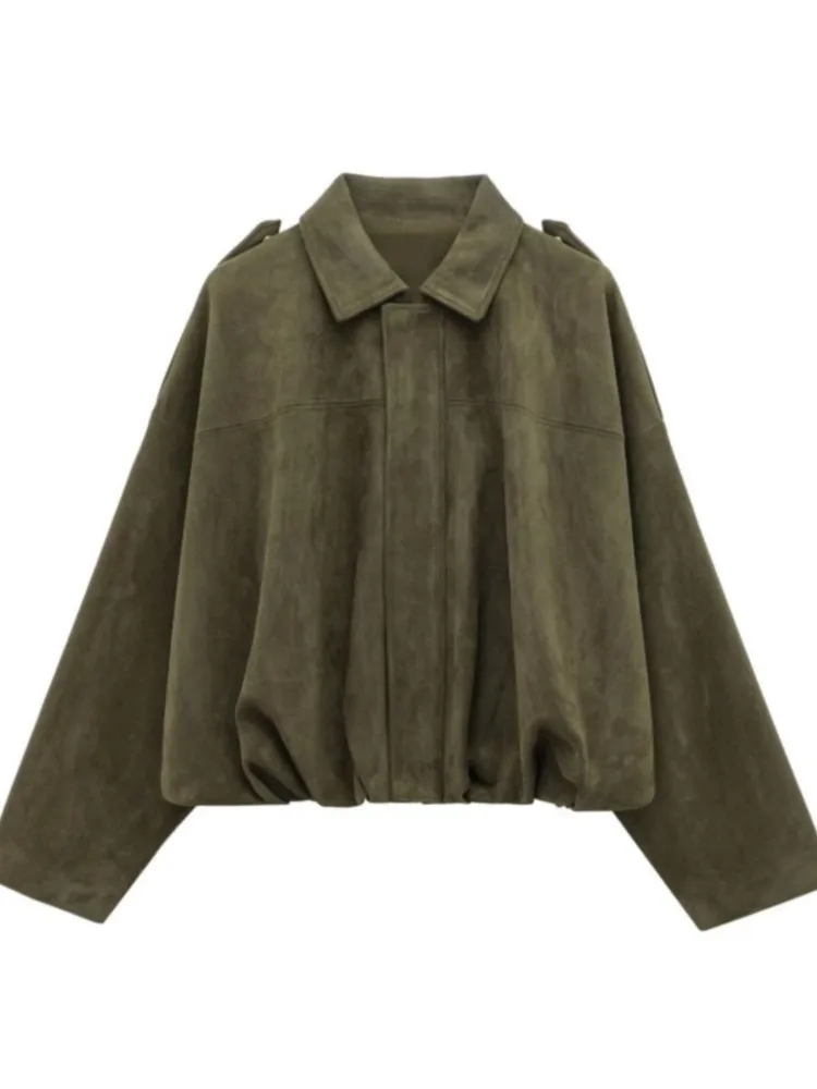Autumn Winter New Fashion Suede Fabric Women Bomber Jackets 2025 Causal Long Sleeve Zipper Loose Coats Cropped Jacket Outwear