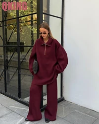 Sweater Set Loose Half Zipper Long Sleeves Woolen Top Pulling Rope Tightness High Waist straight-leg  Casual Pants  Suit