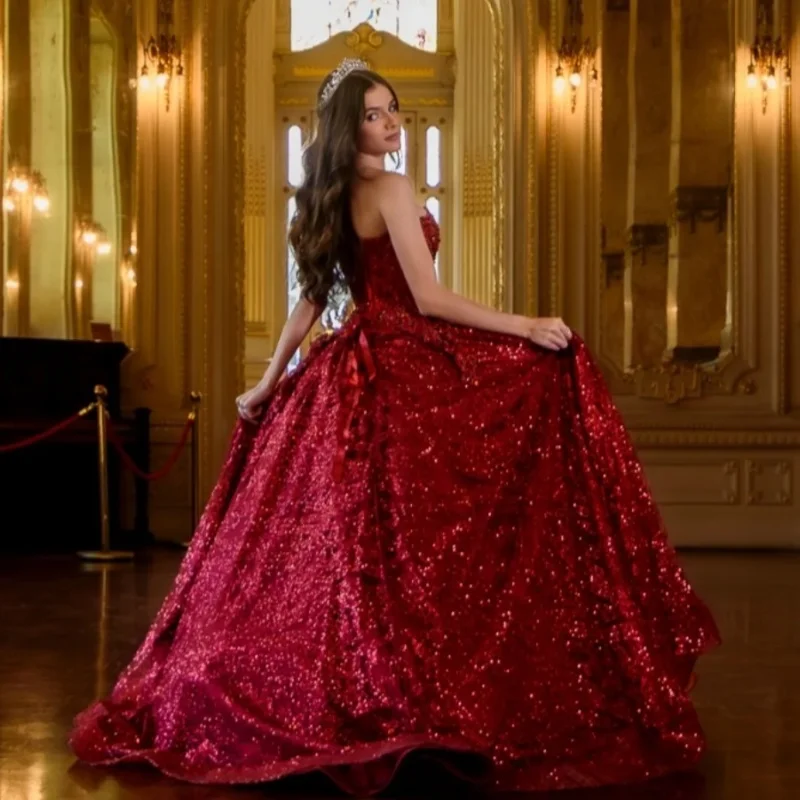 Shiny Red Quinceanera Dress Lace layering off-shoulder glitter decal vestidos de 15 Quinceanera ﻿Customized