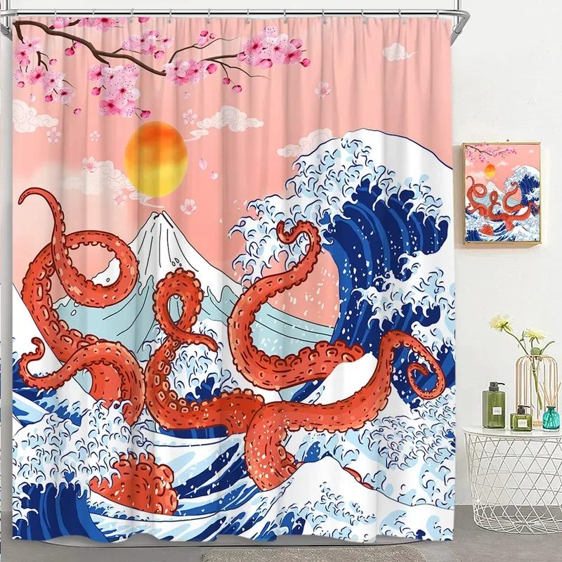 Japanese Scenery Shower Curtain Koi Cherry Blossom Mount Fuji Sea Waves Asian Ink Painting Polyester Bathroom Decor Curtains Set