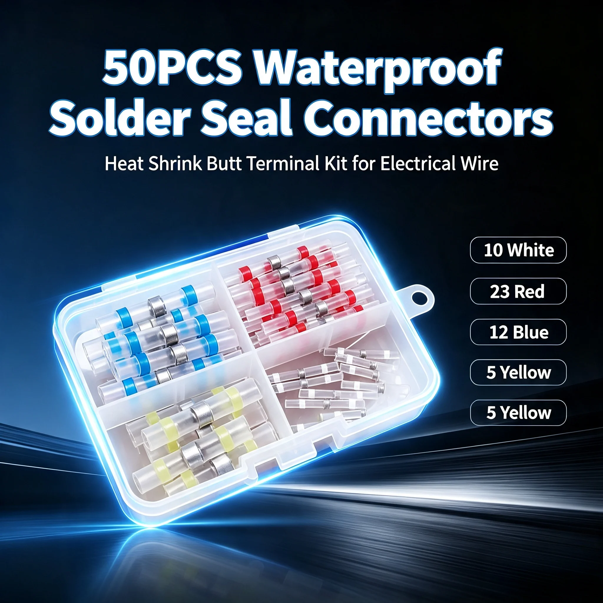 50PCS Waterproof Solder Seal Heat Shrink Butt Connectors 10 White 23 Red 12 Blue 5 Yellow Insulated Electrical Wire Quick Splice