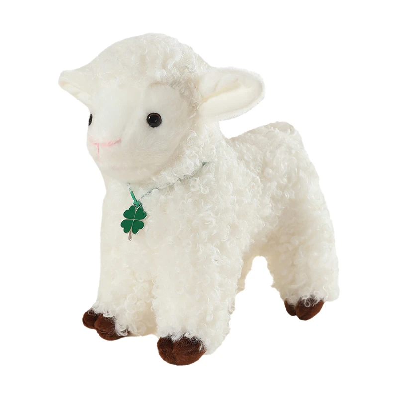 Simulation Standing White Lamb Plushie Soft Curly Sheep Stuffed Doll With Four-Leaf Clover Pendant Farm Animal Toy Home Ornament