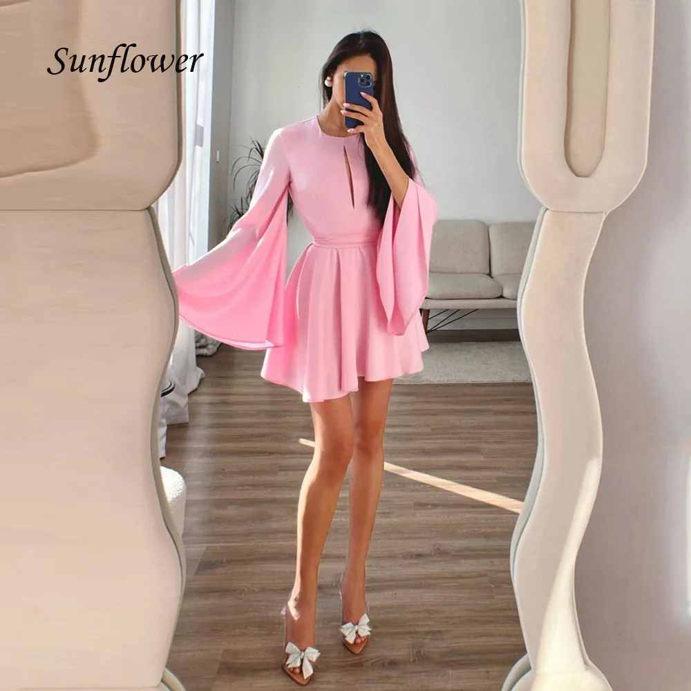 

Sunflower Pink O-Neck A-LINE Formal Evening Dress Saudi Arabia 2024 Backless Slim Crepe Long Sleeve Knee-Length Prom Dress