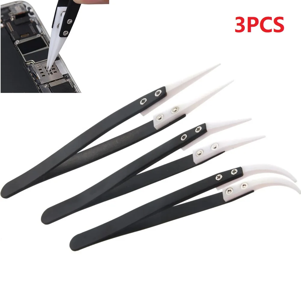 

3pcs/set Insulation Ceramic Reverse Tweezers Anti-Static Heat Resistant Non Conductive Tweezers Straight Curved Precision Tips