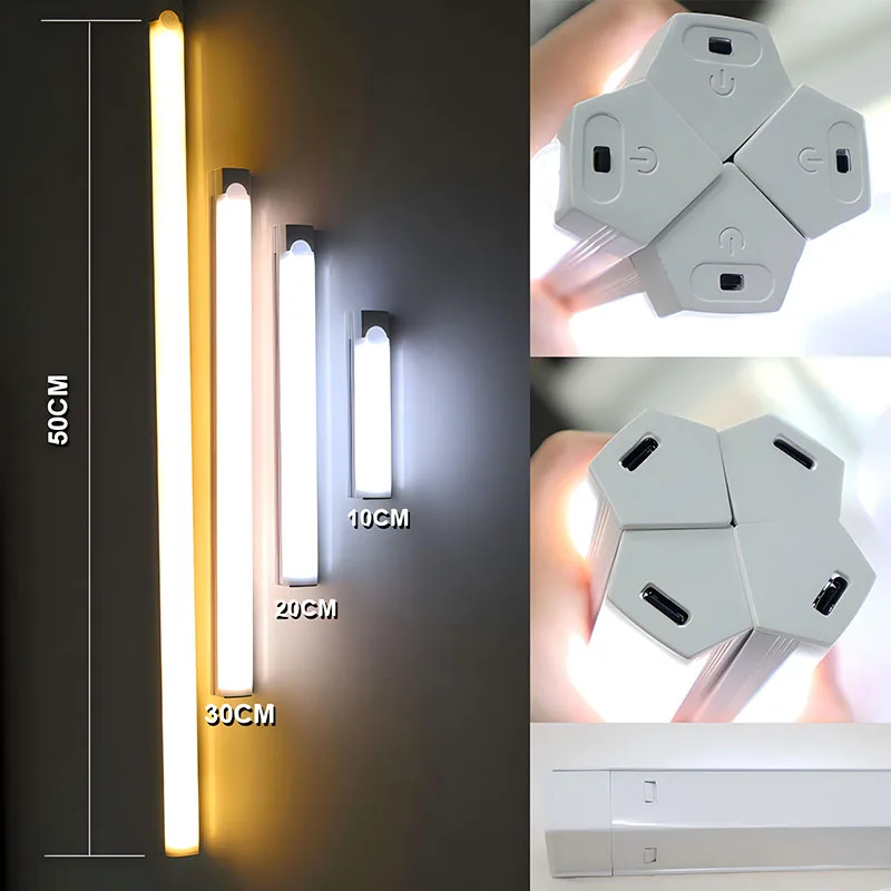 LED Light Strip USB Rechargeable LED Lights Magnetic Motion Sensor Wireless Night Light Kitchen Cabinet Storage Room Decoration