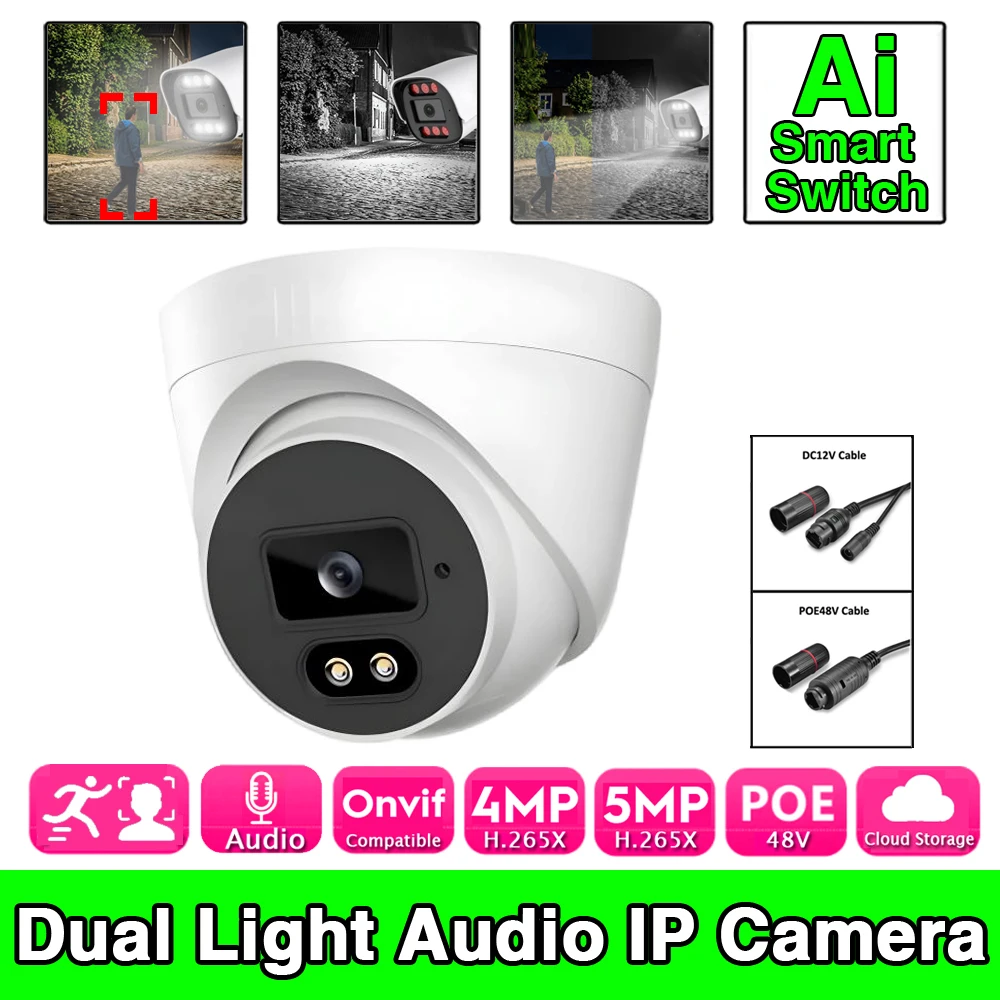 

AI Audio IP POE 5MP 4MP Camera Mic Infrared Full Color Dual Light RTSP Xmeye Indoor Semi-ball with Metal Heat Dissipation ICSEE