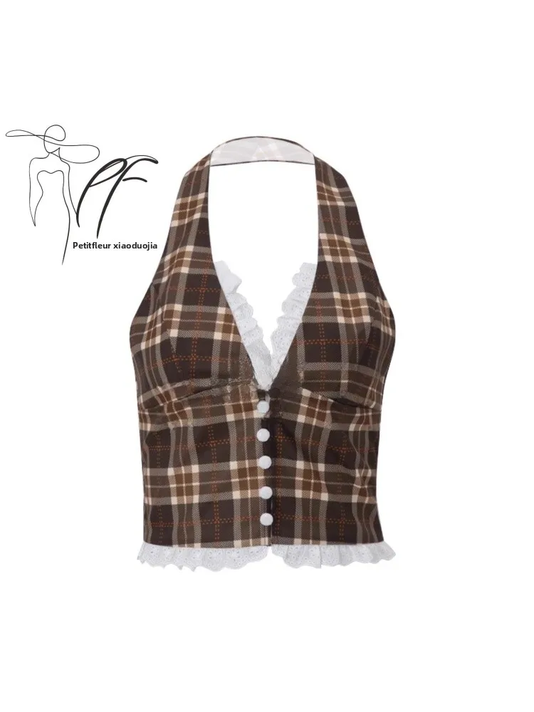 

Faionable Sweet Retro Plaid Hanging Ne Top Women's irt PetitFlour2025 Summer New Sle Original Design Polyester ort ...