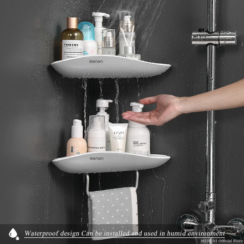 Wall Mounted Triangle Storage Rack Bathroom Shelf With Towel Bar Corner Organizer Punch Free Bathroom Accessories sets