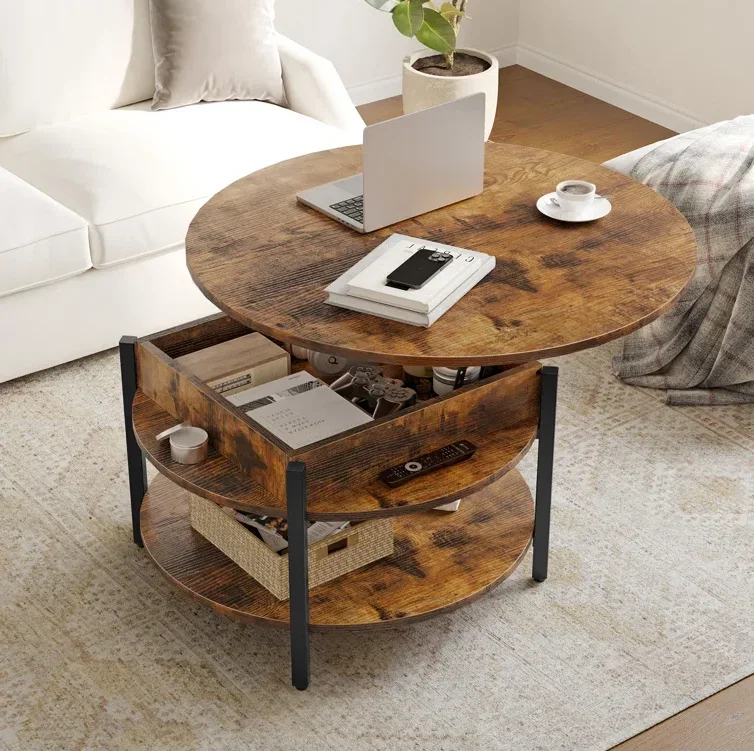 Lift Top Round Coffee Table for Living Room Rustic Farmhouse Design Console Table with Storage and Hidden Compartment