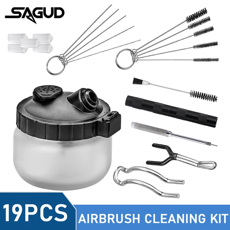SAGUD 19PCS Airbrush Cleaning Kit Spray Gun Cleaner Set with Cleaning Pot Brushes & Repair Tools for Hobby Painting Model Craft