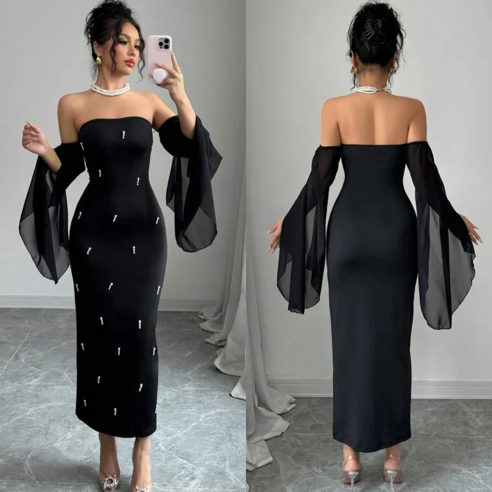 

Customized See Through Detachable Sleeve Evening Dress Delicate Strapless Celebrity Gowns Sparkly Beading Sheath Party