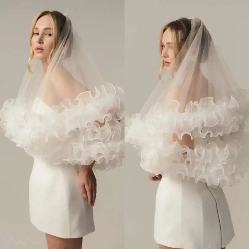 Sweet Wedding Veil With Comb Pleats Two Layer White Ivory  Bridal Veils Elbow Length Bride Accessories Customized