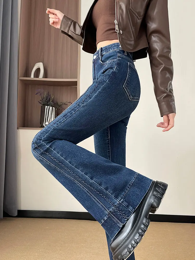 

High elasticity micro flared jeans women American style spicy girl side panel 2025 winter new slim fit flared pants