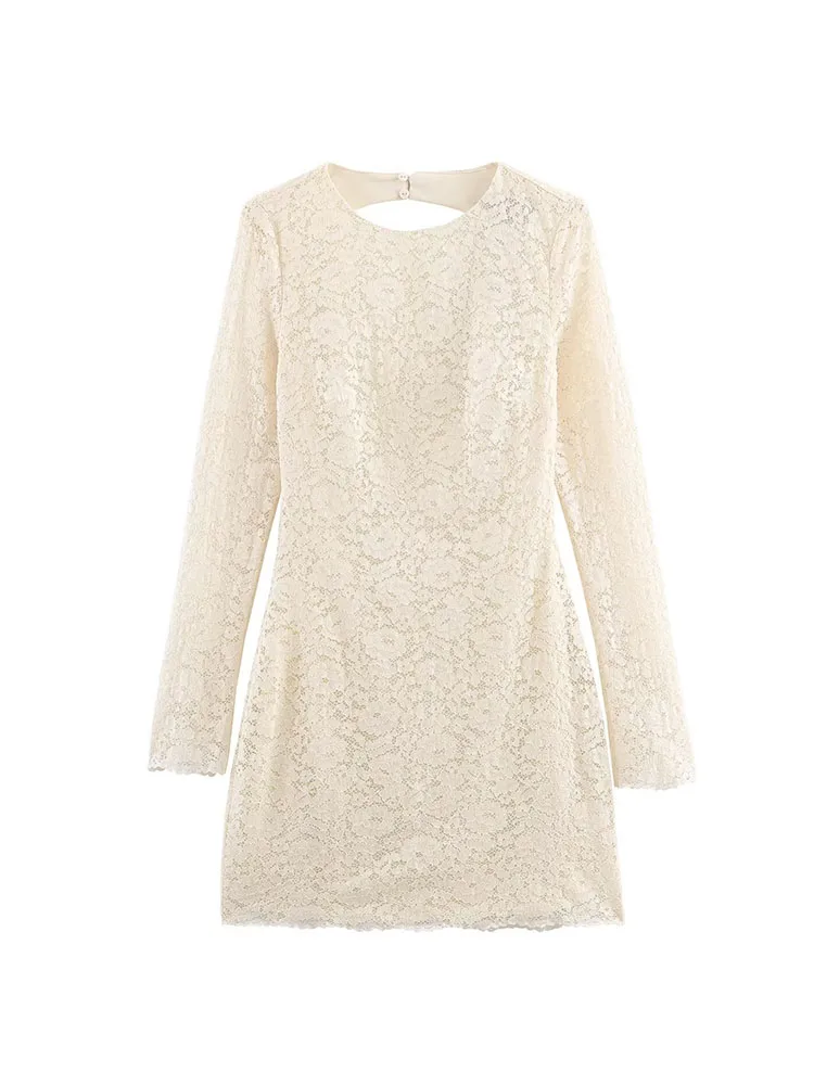 HH امرأة الربيع جولة الرقبة سستة عارية الذراعين تشديد الخصر طويلة الأكمام الدانتيل الديكور فستان قصير الإناث أنيقة مثير تنورة