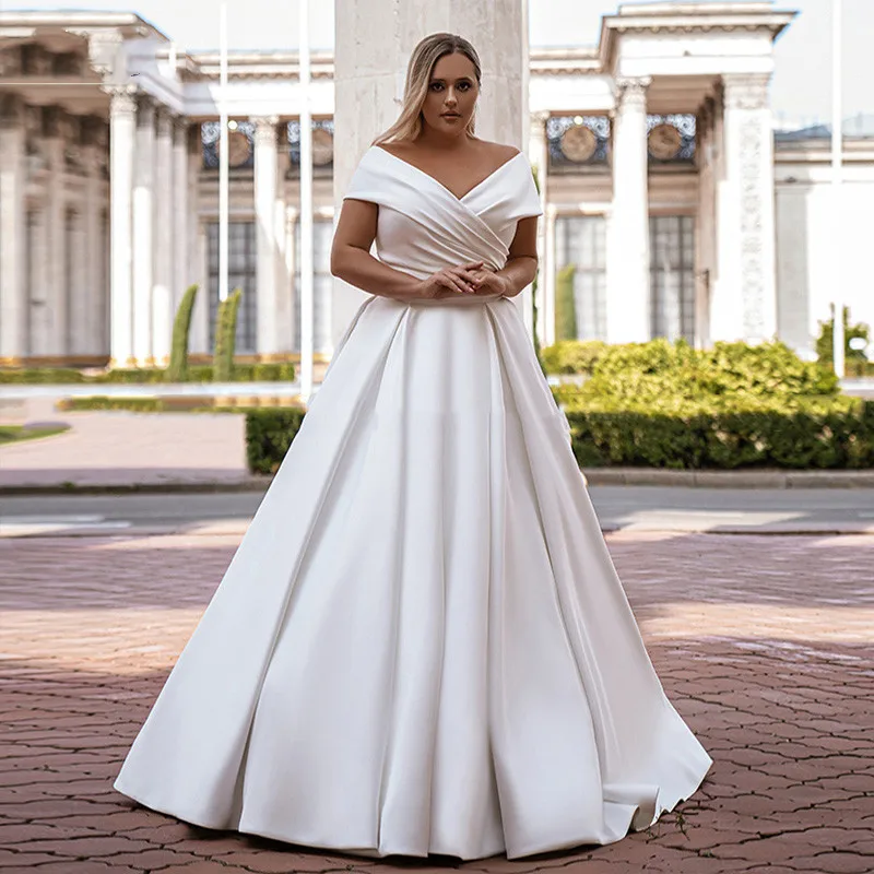 

Simple V Neck Off Shoulder Wedding Dresses Pleat Satin Bridal Gowns Bride Party Vestido De Novia Customized Plus Size