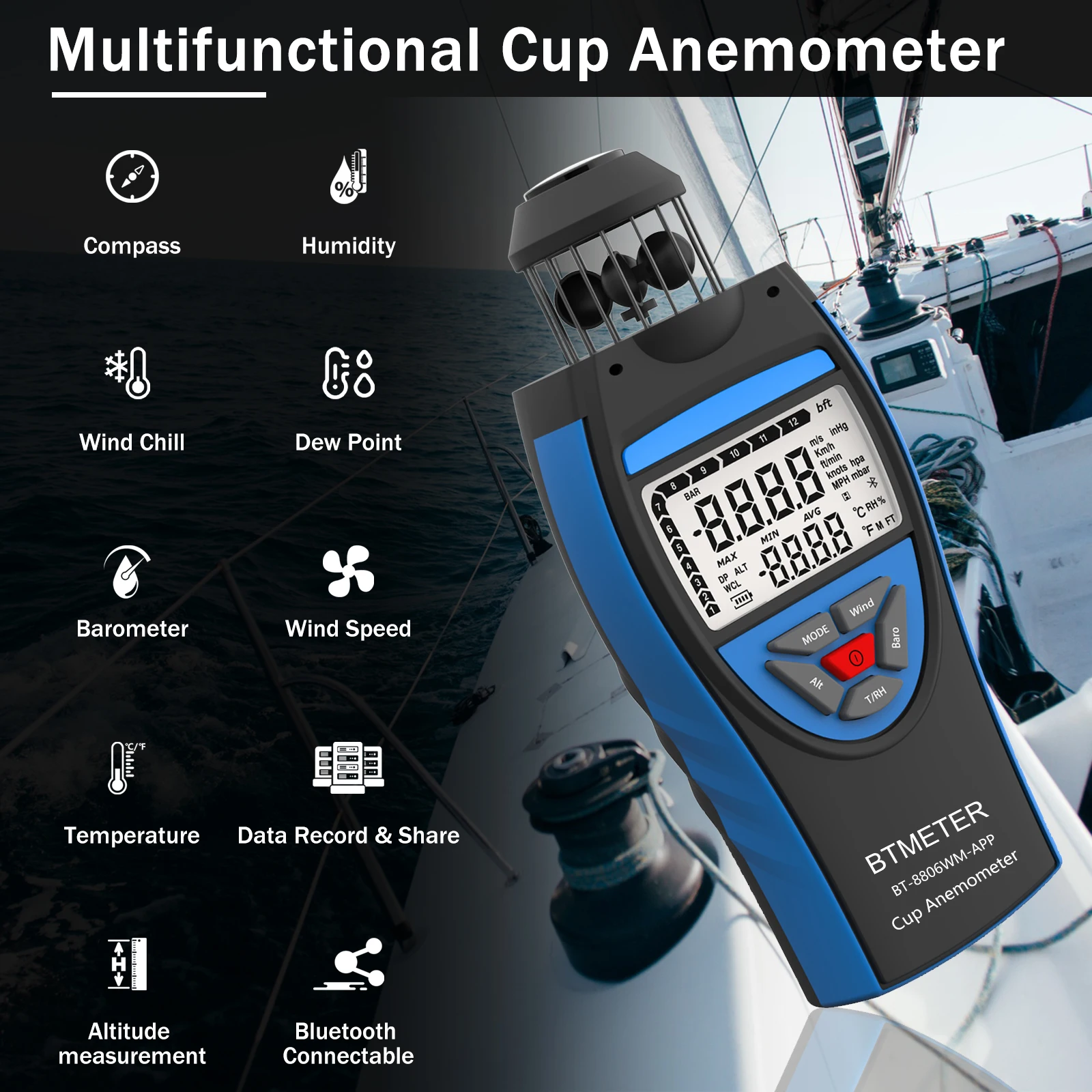 

With Backlit LCD & Mobile App Bluetooth Connectivity Handheld Anemometer BT-8806-WM-APP Altitude Speed Test Instruments Tool