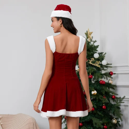 Imagen 2 del producto Vestido de Papá Noel de Navidad para mujer, disfraz de Papá Noel a la moda, vestidos de terciopelo con cinturón, conjunto de sombrero de Papá Noel, trajes de Cosplay
