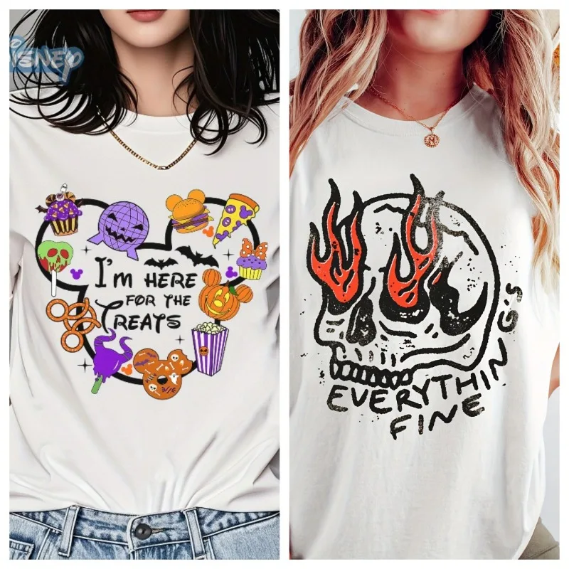 

Mickey Mouse Head Halloween Creative Print T-shirt, Skull Letter Print, Disney Women's Loose Casual Breathable Quick-drying Top