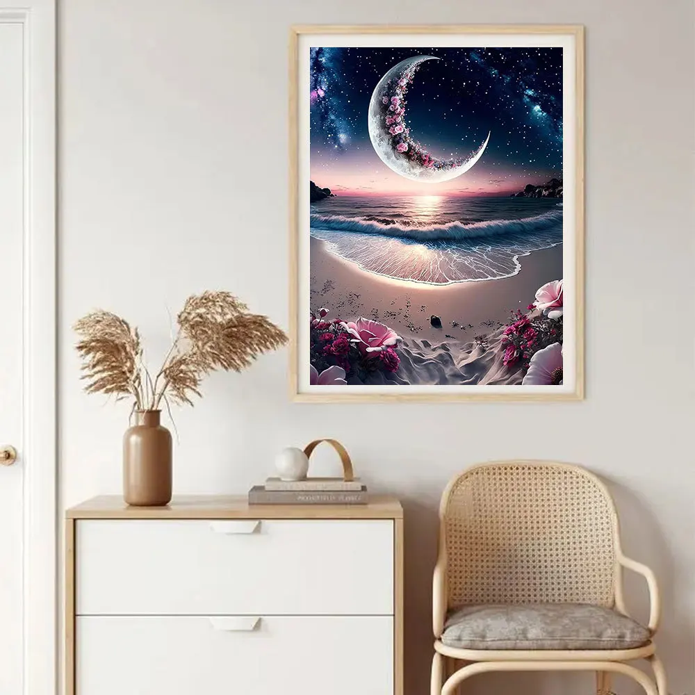 5D Diamantmalerei Neuheiten: Mond am Meer, Vollquadrat- und Rundstickerei, Strandlandschaft Wanddekoration