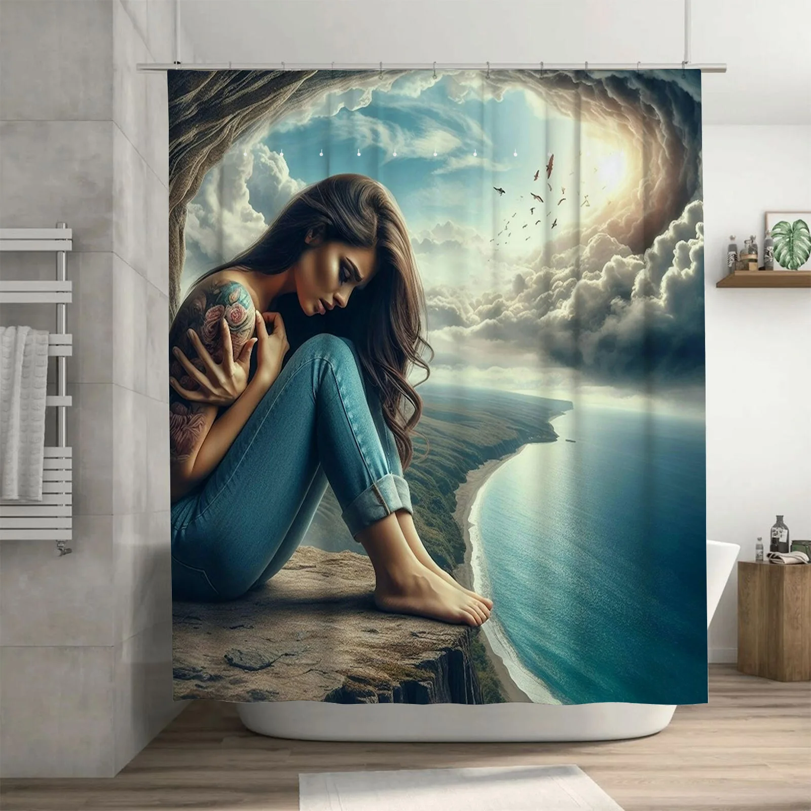 

Занавеска для душа Dreamy Woman на скальной стороне — водонепроницаемая, устойчивая к плесени, машинная стирка для спокойного декора ванной комнаты