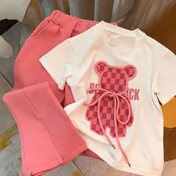 Set di vestiti per bambini per ragazze 2024 nuova estate t-shirt con stampa di cartoni animati per bambini pantaloni svasati Set di due pezzi completi per bambini 2-7Y