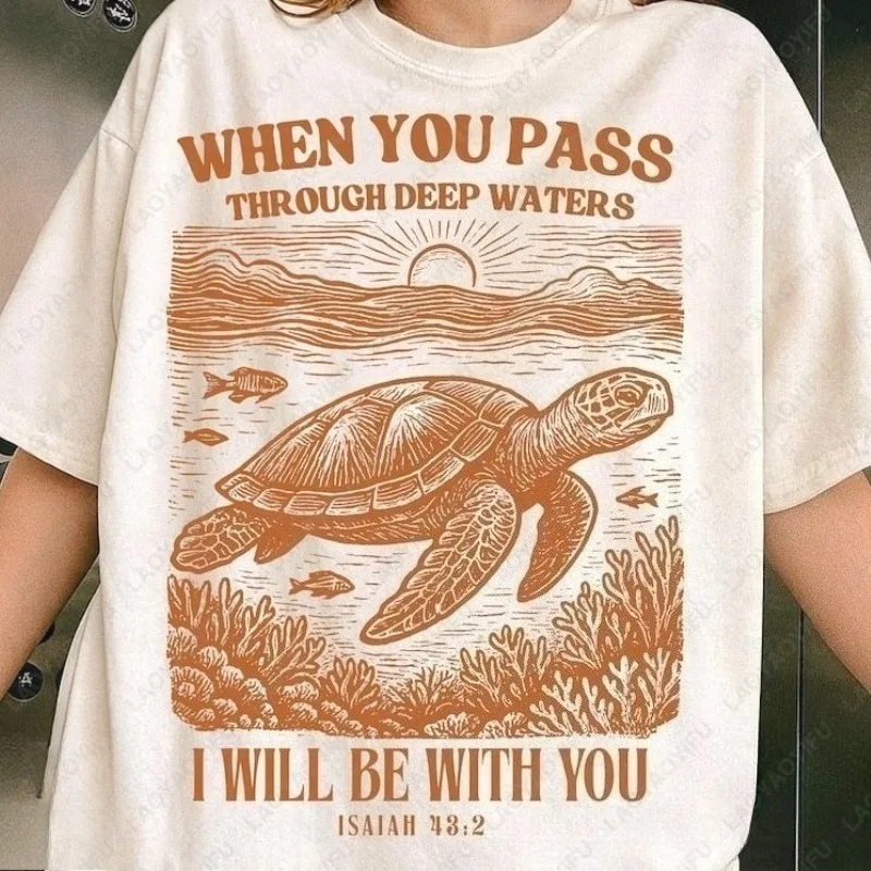 Christian Bible Verse When You Pass Through Deep Waters Isaiah 43:2 Turtle Engraving Cotton Tshirts Retro O-neck Tops Ropa Mujer
