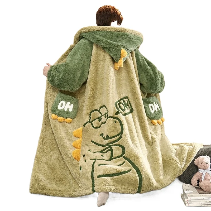 Coral Fleece Men's Nightgown  Winter Thickened Fleece Pajamas Plus Size Fattened Long Bathrobes Loungewear Can Be Worn Outside