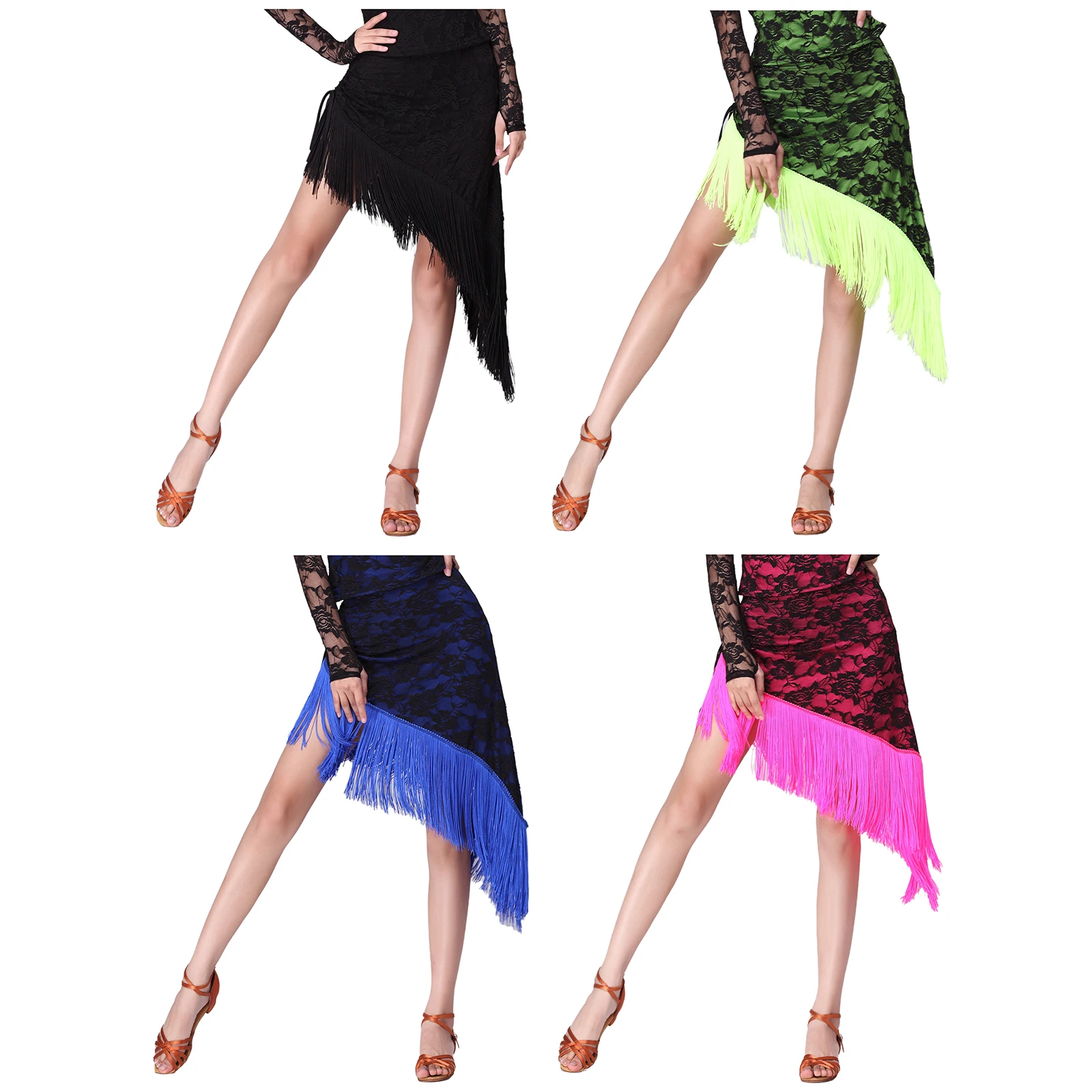 Women Latin Tango Dance Costume Skirt Floral Lace Tassel Trim Side Irregular Skirt for Dancing Jazz Performance Training