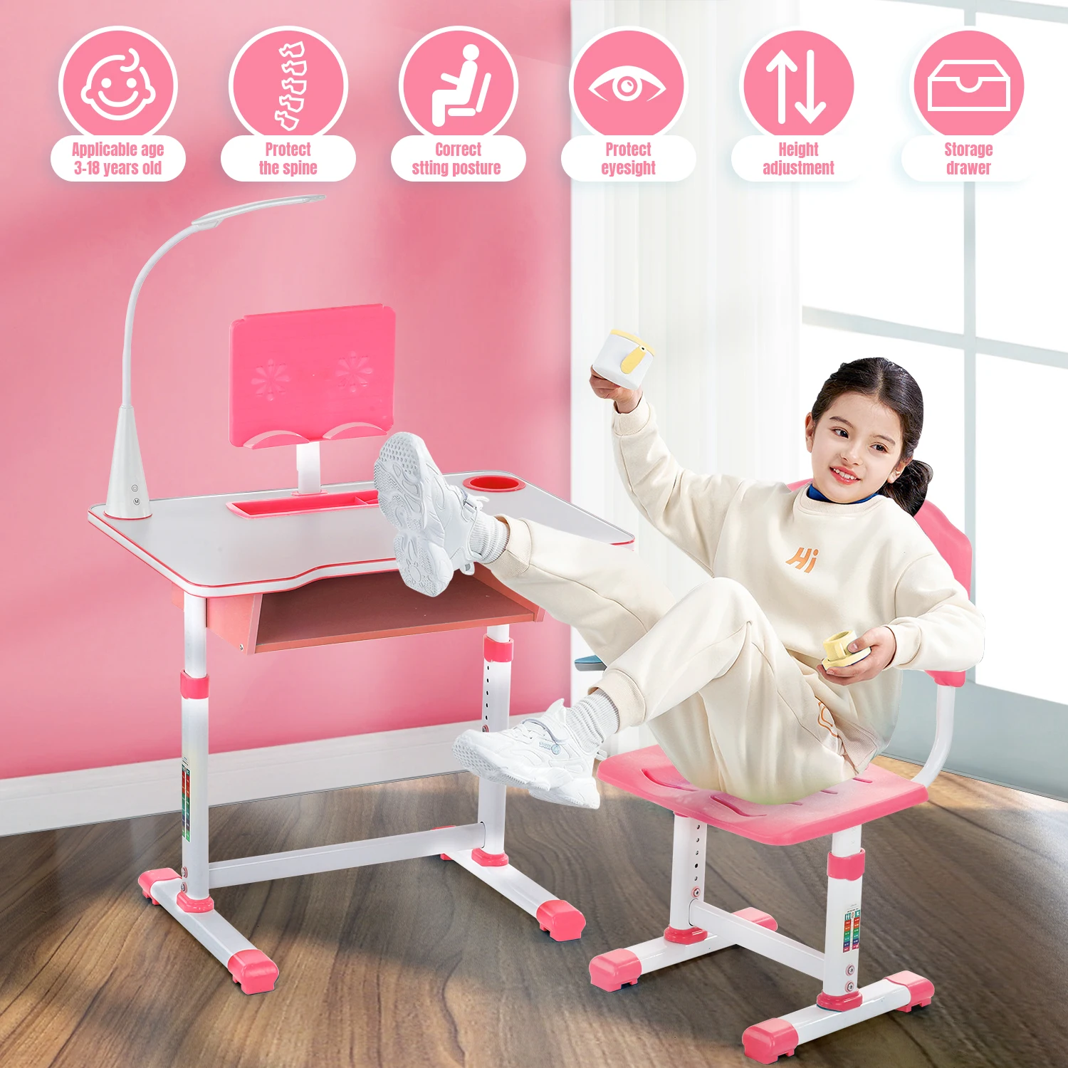 Kids Desk and Chair Set Height Adjustable Student Study Table &Chair Reading Set