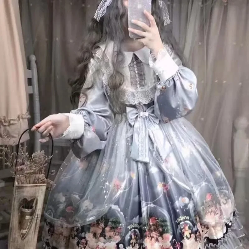 

Кружевное платье в стиле Харадзюку Kawaii Lolita для женщин 2024 осенние приталенные платья с бантом Y2k E-Girl с длинным рукавом Vestidos Mujer