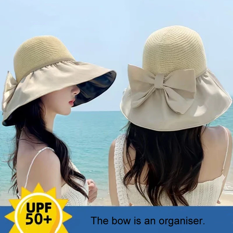 

Women Wide Brim Sun Hat Glue Lining Bow Knot UV Protection Outdoor Bucket Fishing Hats Packable for Travel Hiking