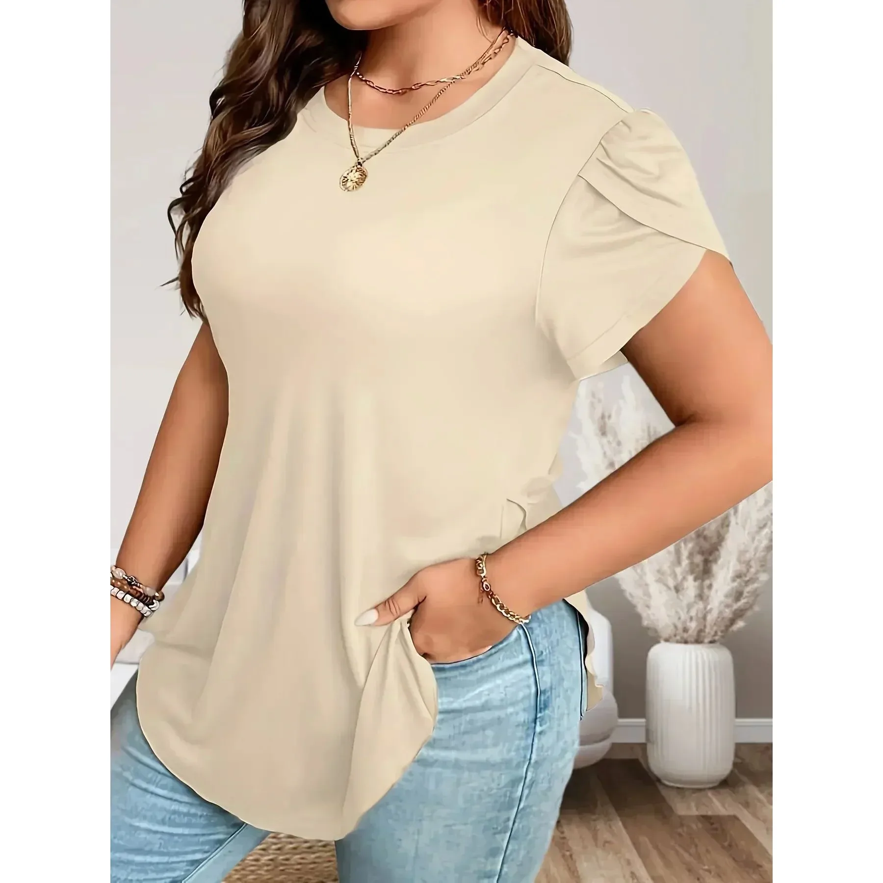

Women's plus Size Petal Sve Curved Hem T-irt XL-5XL Comfortable Fit Ladies' irt Faionable Casual Wear