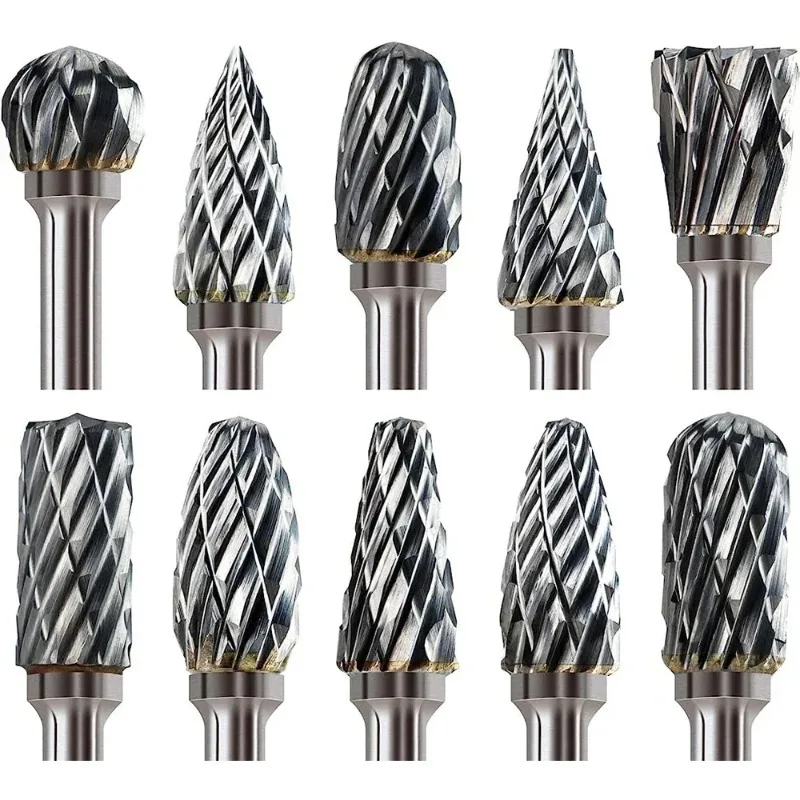 10Pcs Tungsten Carbide Rotary Burr Set Double Stripe Grinding Bits for Wood Metal Plastic Carving Polishing Jewelry DIY Tools